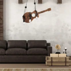 LAMPADARIO SOSPENSIONE DESIGN GUITAR IN LEGNO FORMA CHITARRA 6 ATTACCHI E27 A53