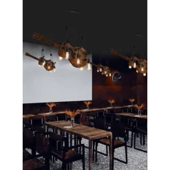 LAMPADARIO SOSPENSIONE DESIGN GUITAR IN LEGNO FORMA CHITARRA 6 ATTACCHI E27 A53