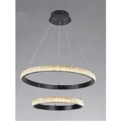 LAMPADARIO SOSPENSIONE LED 60 W 2 CERCHI ANELLI CRISTALLO TELECOMANDO NERO 31968