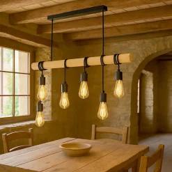 LAMPADARIO SOSPENSIONE LEGNO STILE INDUSTRIALE 6 PORTALAMPADA E27 LAMPADA CUCINA B47-6