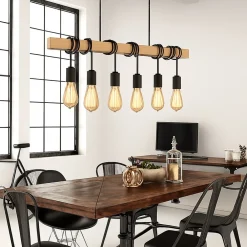 LAMPADARIO SOSPENSIONE LEGNO STILE INDUSTRIALE 6 PORTALAMPADA E27 LAMPADA CUCINA B47-6