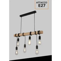 LAMPADARIO SOSPENSIONE LEGNO STILE INDUSTRIALE 6 PORTALAMPADA E27 LAMPADA CUCINA B47-6