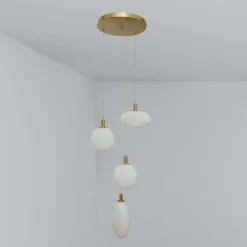 LAMPADARIO SOSPENSIONE MODERNO CASCATA 4 PENDENTI DI FORME DIVERSE G9 ORO LP-04