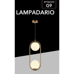 LAMPADARIO SOSPENSIONE OVALE BRONZO CON DUE SFERE IN VETRO METALLO LAMPADA ATTACCO G9 A33