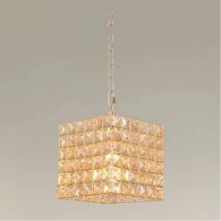 LAMPADARIO SOSPESO CUBO CRISTALLI LAMPADA LUCE ATTACCO E27 ORO QUADRATO 32309