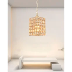 LAMPADARIO SOSPESO RETTANGOLARE CRISTALLI LAMPADA LUCE ATTACCO E27 ORO 32316