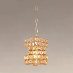 LAMPADARIO SOSPESO RETTANGOLARE INTRECCIATO CON CRISTALLI LUCE E27 ORO 32392
