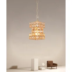 LAMPADARIO SOSPESO RETTANGOLARE INTRECCIATO CON CRISTALLI LUCE E27 ORO 32392