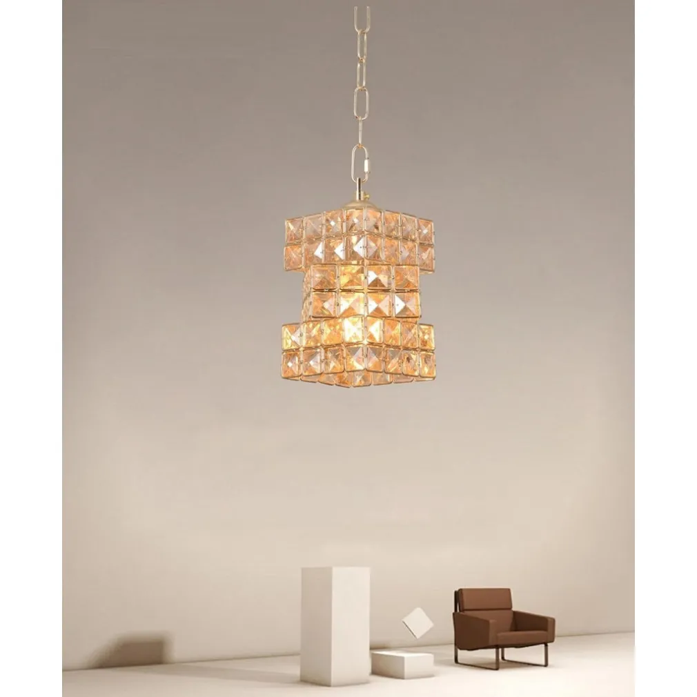 LAMPADARIO SOSPESO RETTANGOLARE INTRECCIATO CON CRISTALLI LUCE E27 ORO 32392