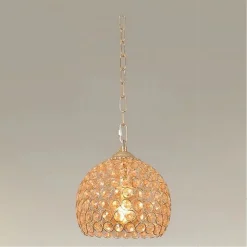 LAMPADARIO SOSPESO TONDO CUPOLA LAMPADA MEZZA SFERA CRISTALLI LUCE E27 ORO 32354