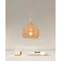 LAMPADARIO SOSPESO TONDO CUPOLA LAMPADA MEZZA SFERA CRISTALLI LUCE E27 ORO 32354