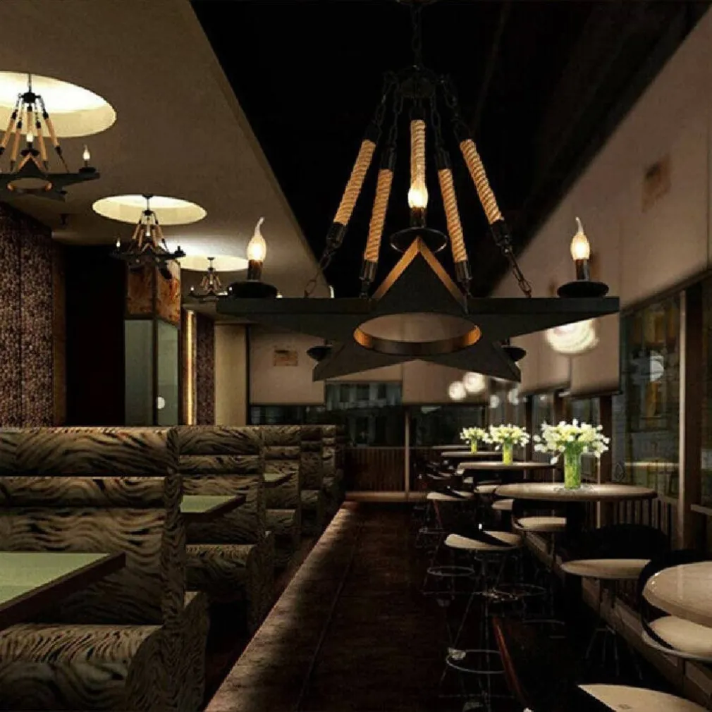 LAMPADARIO STILE INDUSTRIALE A FORMA DI STELLA CORDA DI CANAPA METALLO E14 A39-5