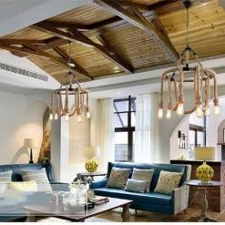 LAMPADARIO VINTAGE 6 PORTALAMPADA E27 CORDA CANAPA LAMPADA COUNTRY RETRO A38-6