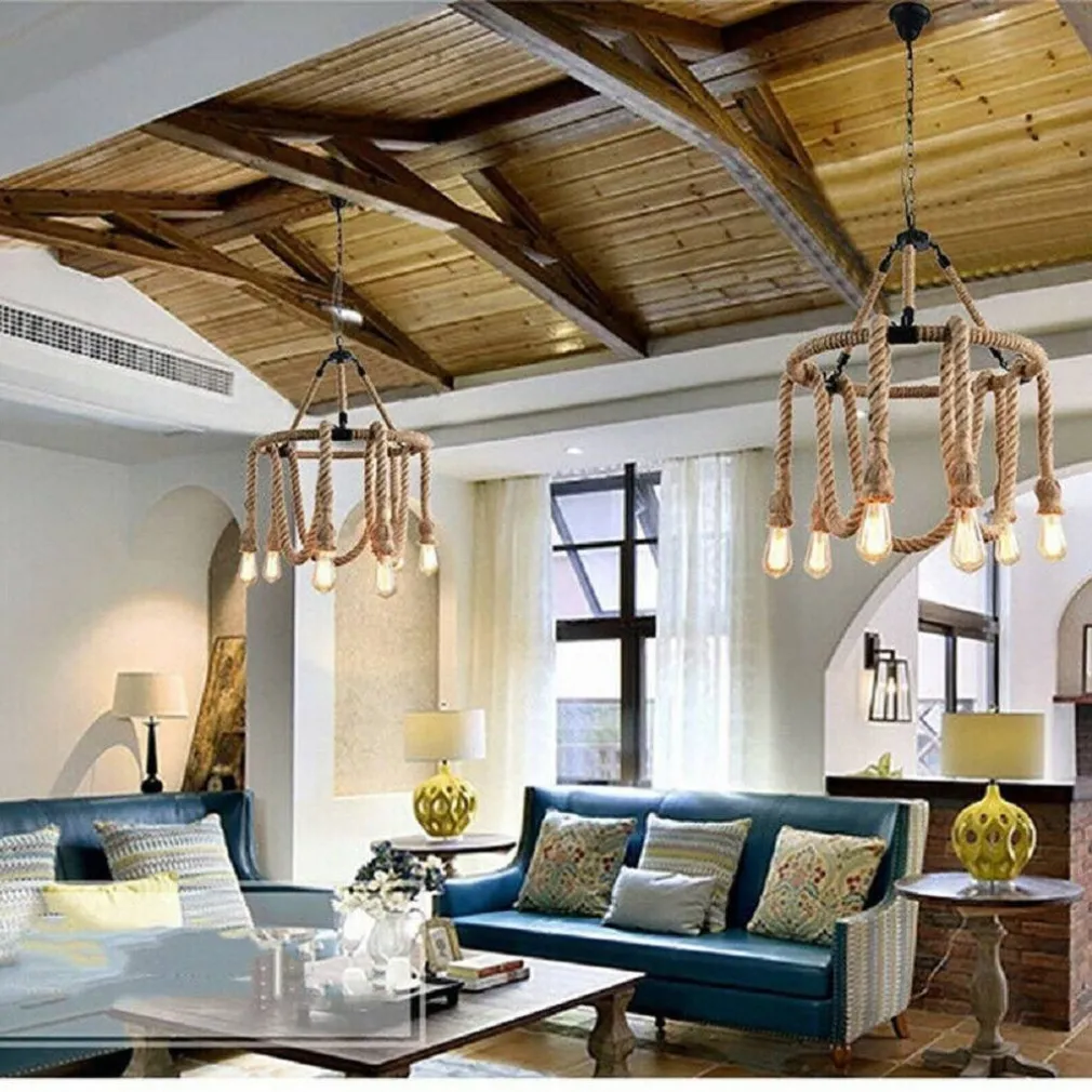 LAMPADARIO VINTAGE 6 PORTALAMPADA E27 CORDA CANAPA LAMPADA COUNTRY RETRO A38-6