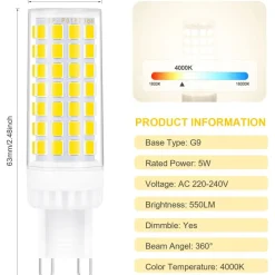 LAMPADINA FARETTO 5W LED 72 SMD 2835 ATTACCO G9 LUCE BIANCA FREDDA CALDA 220V