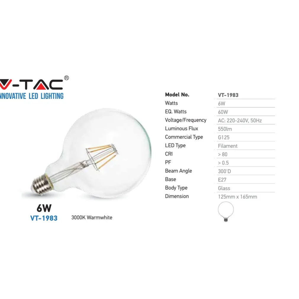 LAMPADINA GLOBO TRASPARENTE FILAMENTO A LED ATTACCO E27 6W LUCE CALDA V-TAC