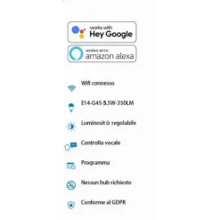 LAMPADINA INTELLIGENTE SMART G45 E14 5.5W 350LM WIFI LED RGB CCT DIMMERABILE APP