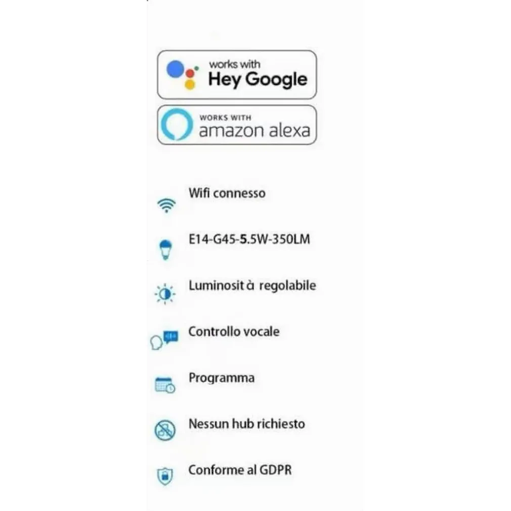LAMPADINA INTELLIGENTE SMART G45 E14 5.5W 350LM WIFI LED RGB CCT DIMMERABILE APP
