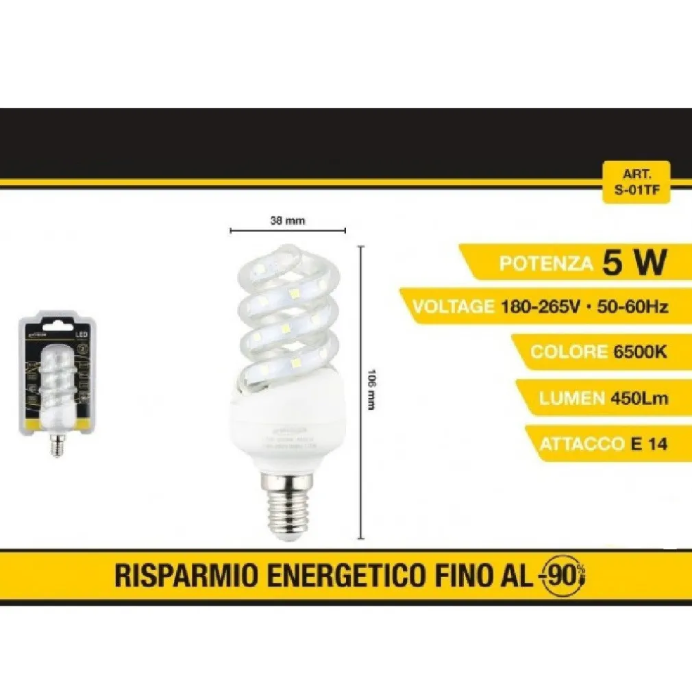 LAMPADINA LED A SPIRALE E14 5 W LUCE BIANCA FREDDA CALDA NATURALE 28D S-01T