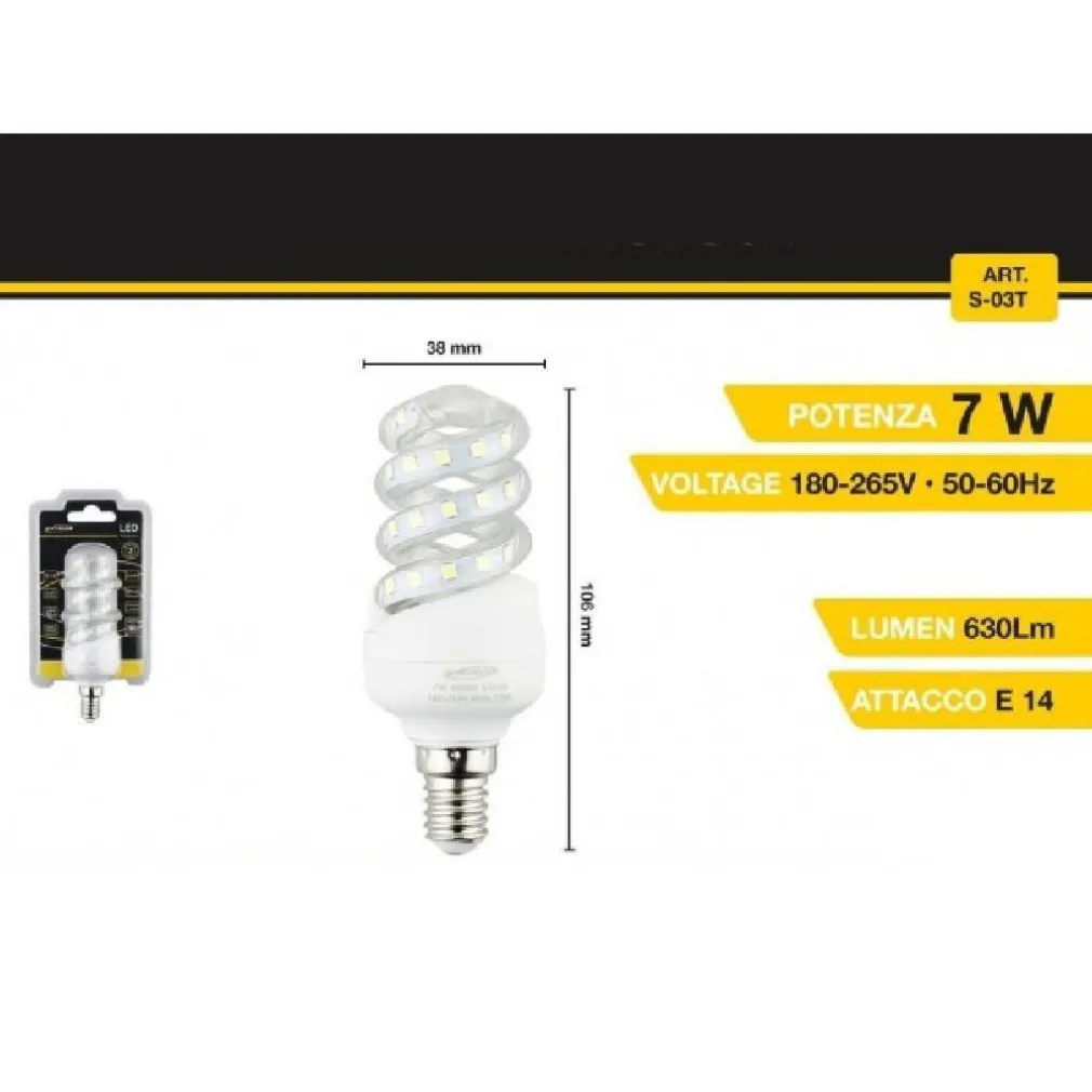 LAMPADINA LED A SPIRALE E14 7 W 40D LUCE BIANCA FREDDA CALDA NATURALE S-03T