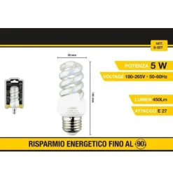 LAMPADINA LED A SPIRALE E27 5 W LUCE BIANCA FREDDA CALDA NATURALE 28D S-02T