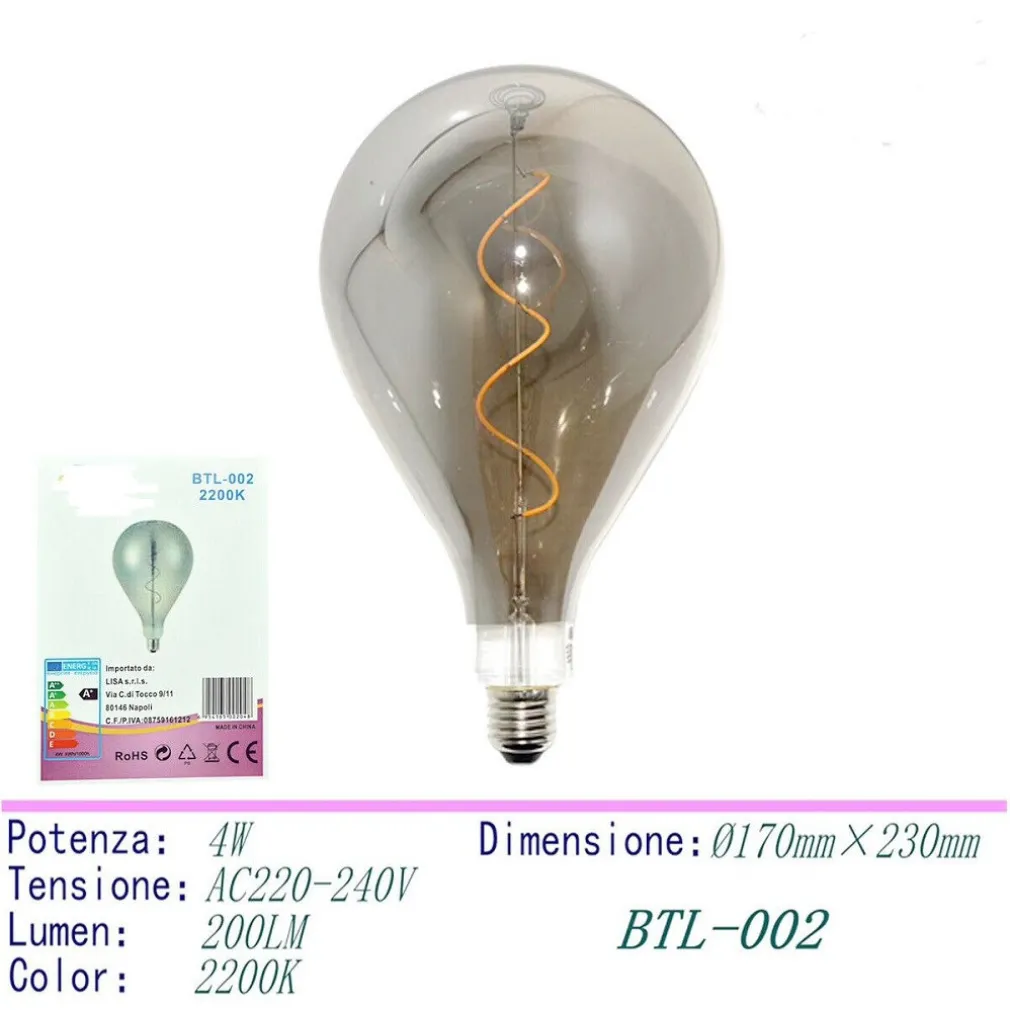 LAMPADINA LED FILAMENTO VINTAGE RETRO' LAMPADA FUME' E27 4W LUCE CALDA 2200K