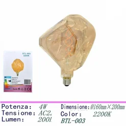 LAMPADINA LED FILAMENTO VINTAGE RETRO' LAMPADA E27 4W LUCE CALDA 2200K BTL-003