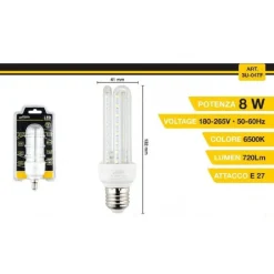 LAMPADINA LED 3U E27 8W LUCE FREDDA 6500K NATURALE 4000K CALDA 3000K 48D 3U04T
