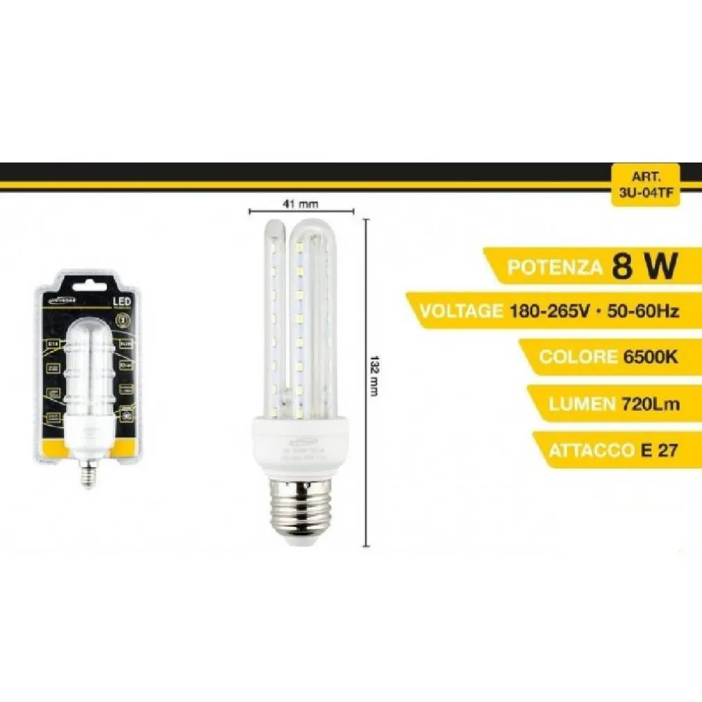 LAMPADINA LED 3U E27 8W LUCE FREDDA 6500K NATURALE 4000K CALDA 3000K 48D 3U04T