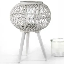 LANTERNA PORTACANDELA CON PIEDI TONDA 17X46CM IN LEGNO BAMBÙ VETRO BIANCO 777929