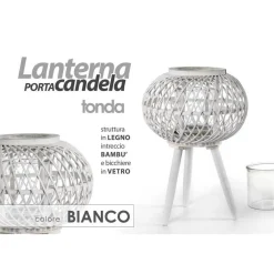 LANTERNA PORTACANDELA CON PIEDI TONDA 17X46CM IN LEGNO BAMBÙ VETRO BIANCO 777929