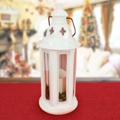 LANTERNA TONDA METALLO BIANCO CON CANDELA A BATTERIE 35 CM DECORAZIONI NATALIZIE