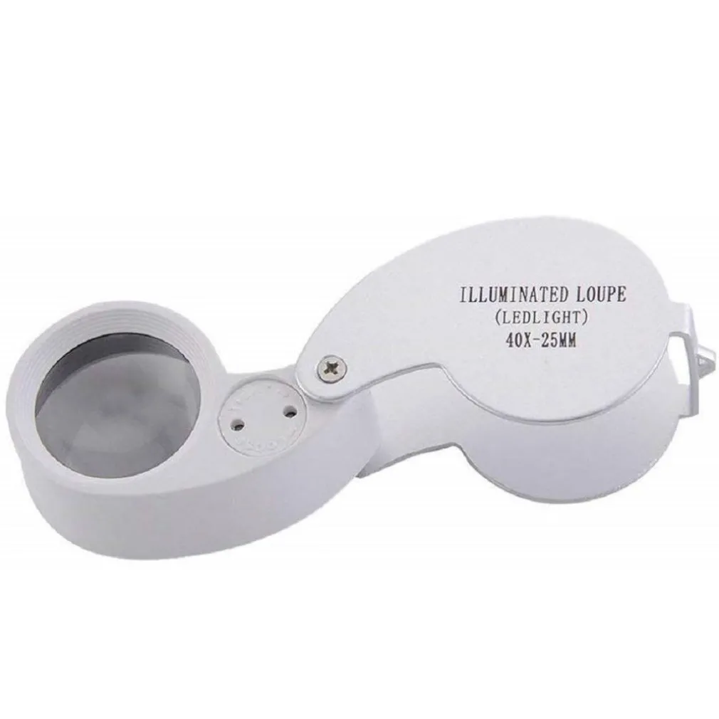 LENTE INGRANDIMENTO ILLUMINATA 40X-25MM A LED DA TASCA PRECISIONE PIEGHEVOLE METALLO