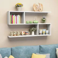 LIBRERIA MENSOLA DA PARETE SOSPESA IN LEGNO CON 4 SCOMPARTI MOBILETTO PORTAOGGETTI CAMERA