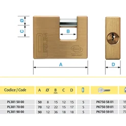 LUCCHETTO CATENACCIO ANTISCASSO OTTONE CORBIN MM 50 / 60 / 70 / 90