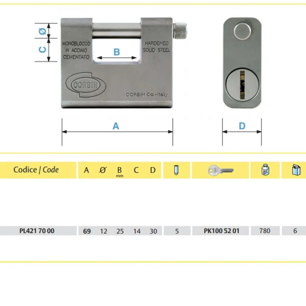 LUCCHETTO CATENACCIO MONOBLOCCO IN ACCIAIO CEMENTATO GRIZZLY CORBIN ANTITRAPANO