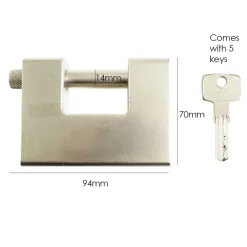 LUCCHETTO IN ACCIAIO TEMPRATO CORAZZATO ANTISCASSO CATENACCIO PER CANCELLO 94MM