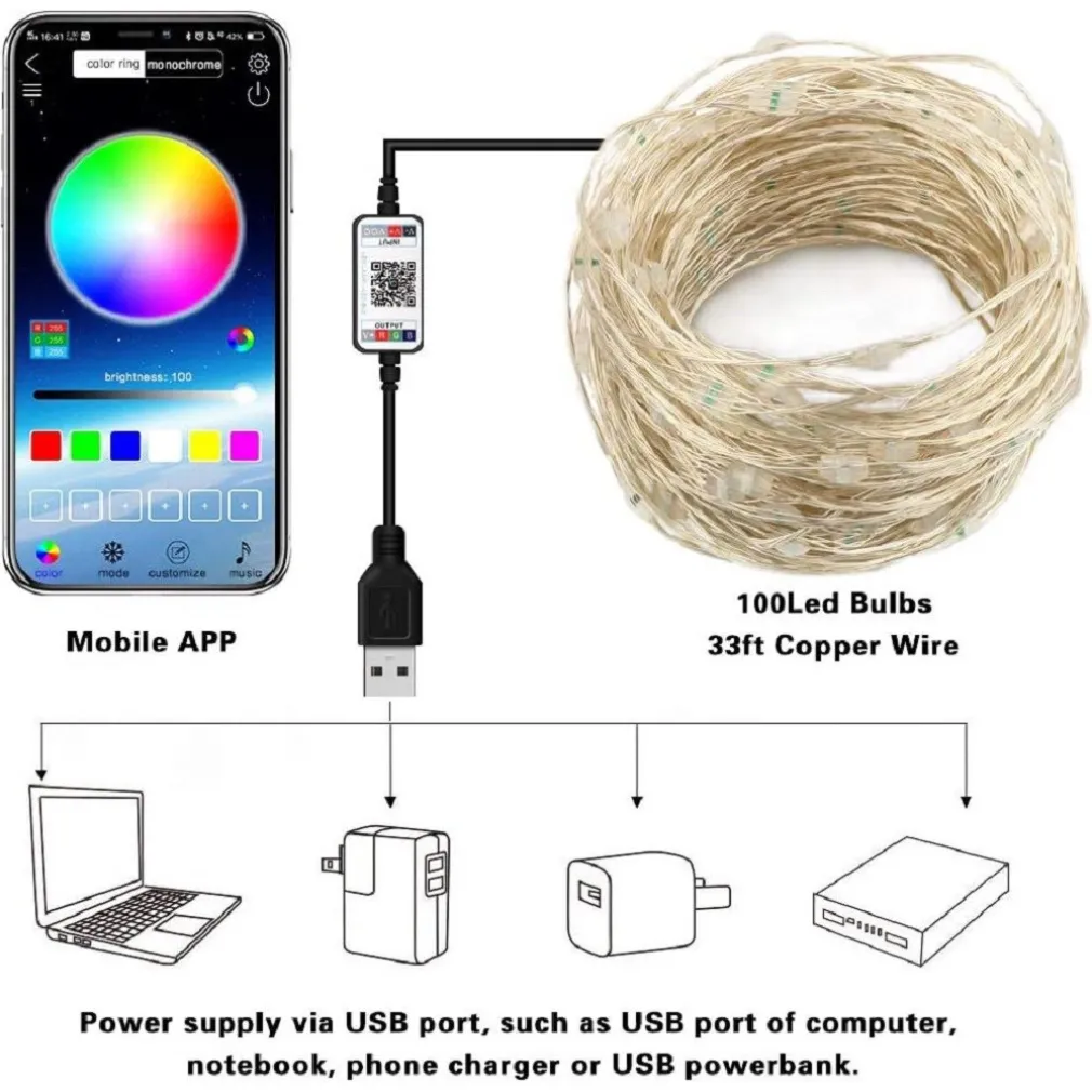 LUCI NATALIZIE A STRISCE LED APP 10MT USB BLUETOOTH DECORATIVE PER ALBERO NATALE