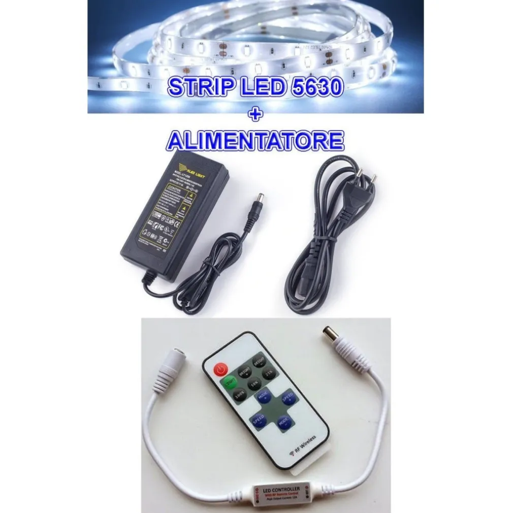 5M STRISCIA STRIP LED SMD 5630 + ALIMENTATORE 5A + DIMMER TELECOMANDO CONTROLLER