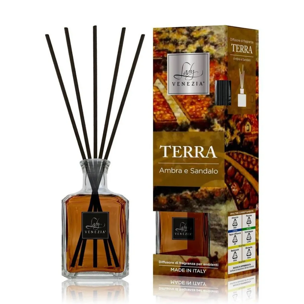 MAXI DIFFUSORE AMBIENTE CUBO CON BASTONCINI FRAGRANZA TERRA AMBRA E SANDALO 250ML