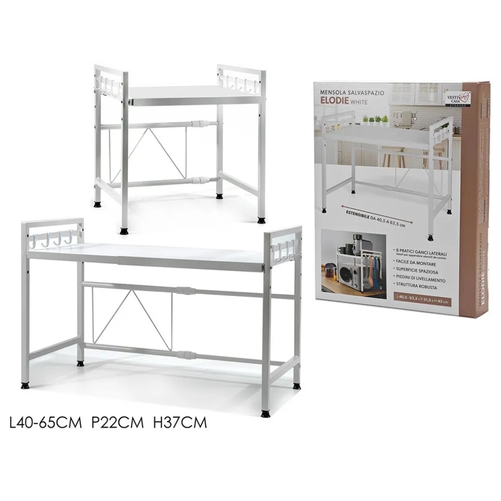 MENSOLA ALLUNGAILE DA 40-65CM SALVASPAZIO CON 8 GANCI PER APPENDERE UTENSILI ARREDO CASA