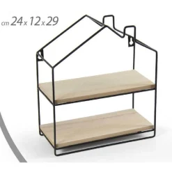 MENSOLA BACHECA PARETE CASETTA METALLO 24X12X29CM NERO 2 RIPIANI IN LEGNO 818707