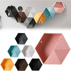 MENSOLA DA PARETE ATTREZZATA A MURO ESAGONALE SCAFFALE GEOMETRICO 27X23X7CM MOD