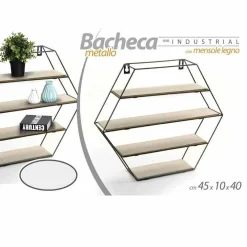 MENSOLA PARETE ESAGONALE 4 MENSOLE RIPIANI DESIGN MODERNO SCAFFALE LEGNO METALLO