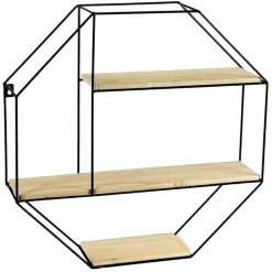 MENSOLA PARETE ESAGONALE 3 MENSOLE RIPIANI DESIGN MODERNO SCAFFALE LEGNO METALLO