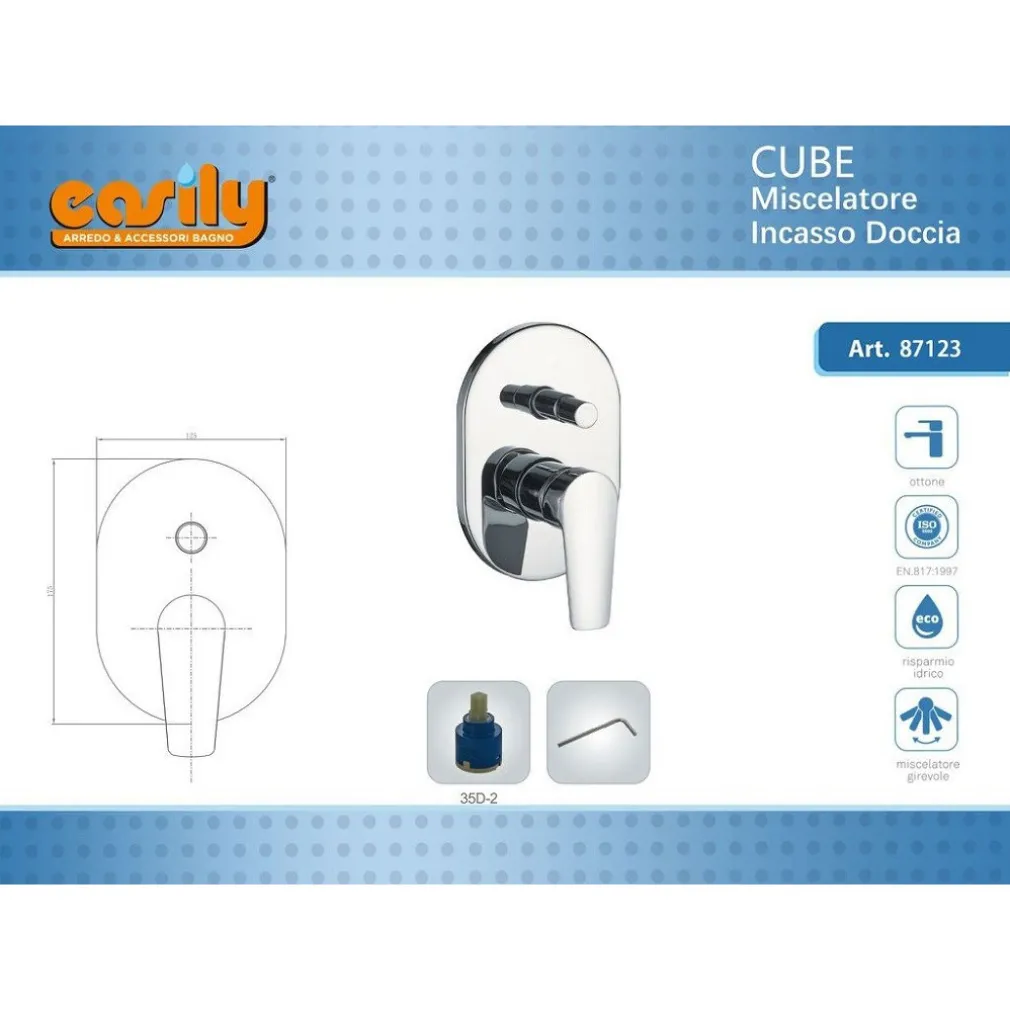 MISCELATORE INCASSO DOCCIA CON DEVIATORE PARETE BAGNO OTTONE CROMATO CUBE 87123