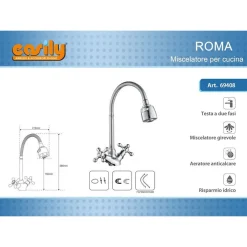 MISCELATORE RUBINETTO FLESSIBILE MANOPOLE CROCE CUCINA LAVELLO OTTONE ROMA 69408