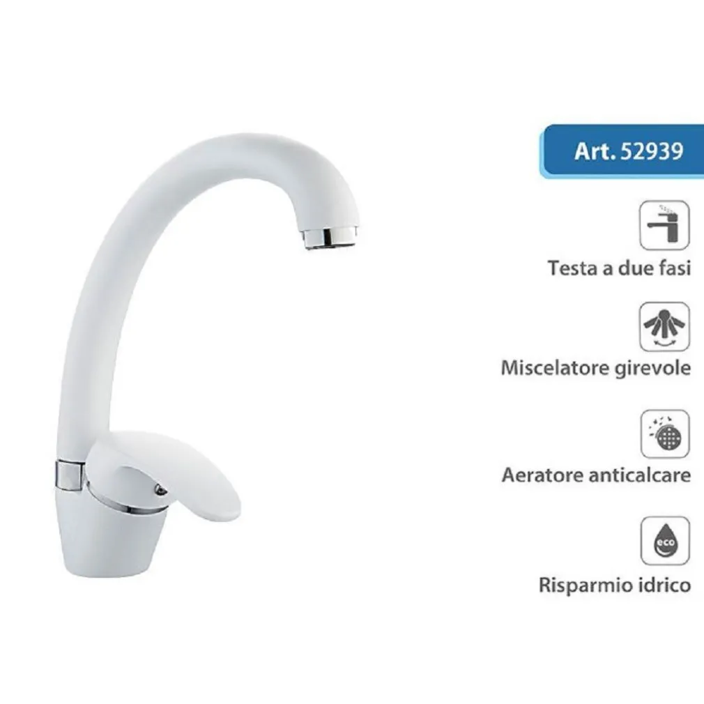 MISCELATORE RUBINETTO MONOCOMANDO PER LAVELLO CUCINA CANNA CURVA BIANCO 52939