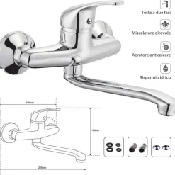 MISCELATORE RUBINETTO MONOCOMANDO LAVELLO CUCINA CANNA ALTA CROMATO MURO 69139