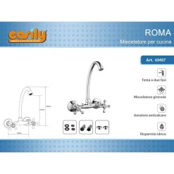 MISCELATORE RUBINETTO PARETE MANOPOLE A CROCE CUCINA LAVELLO OTTONE ROMA 69407